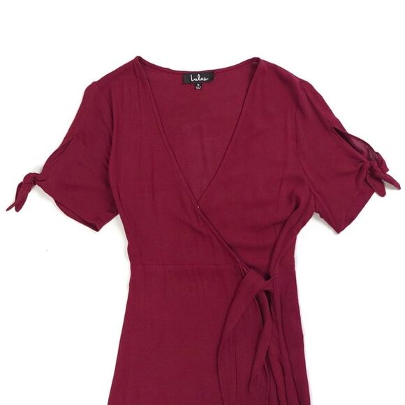 LULUS My Philosophy Burgundy Real Wrap Dress Mini Tie Short Sleeve Womens Small - Picture 2 of 8